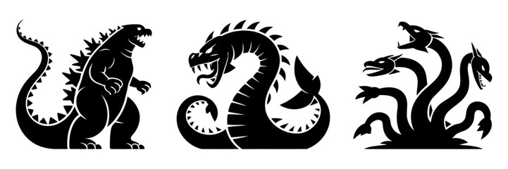Obraz premium Monster silhouette collection mythical creature kraken tentacles, ocean serpent, dragon illustration design set black