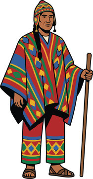 Traditional indigenous South American Andean man wearing a colorful geometric patterned poncho and chullo hat holding a wooden staff for cultural heritage events.