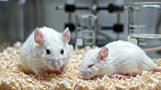 Two white mice in a lab setting