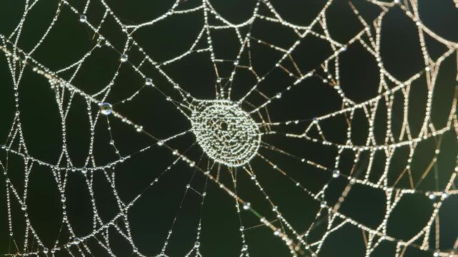 Orb weaver web adorned with glistening moisture beads against dark background