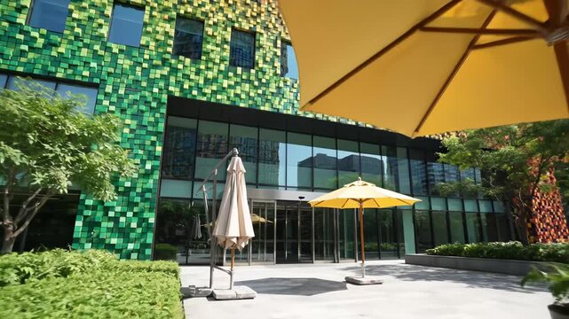 Colorful building facade with greenery