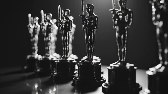 Oscar statuettes in black and white