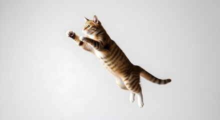 Obraz premium Orange Tabby Cat Jumping in Mid Air Isolated on White Background