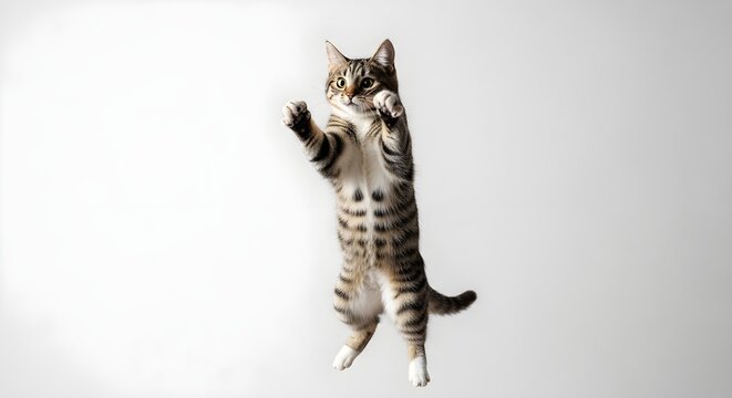 Playful Tabby Cat Jumping Upright Isolated on White Background
