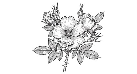Black and White Floral Illustration with Leaves.