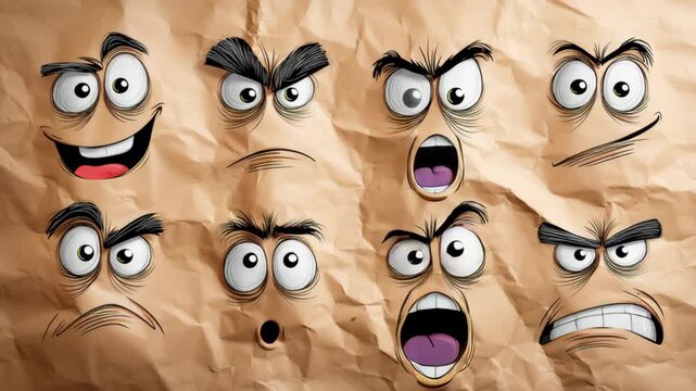 Cartoon character faces displaying a range of emotions including happiness, surprise, anger, and confusion on crumpled paper background in a colorful and engaging style
