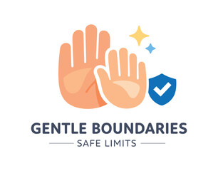 Fototapeta premium Single flat vector icon of gentle boundary setting: rounded parent hand and small child hand with soft stop gesture tiny shield dot beside the hands one calm sparkle dot stylish modern