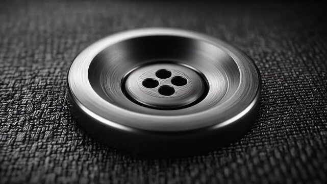 A close-up view of a metal button with four holes on a textured, gray fabric surface