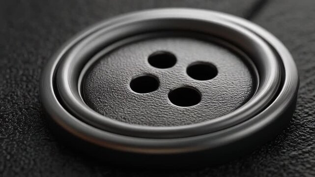 A close-up view of a dark button with four holes, showing textures and the rim, on a fabric
