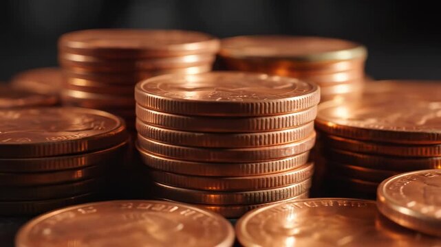 Stacks of copper coins on dark surface