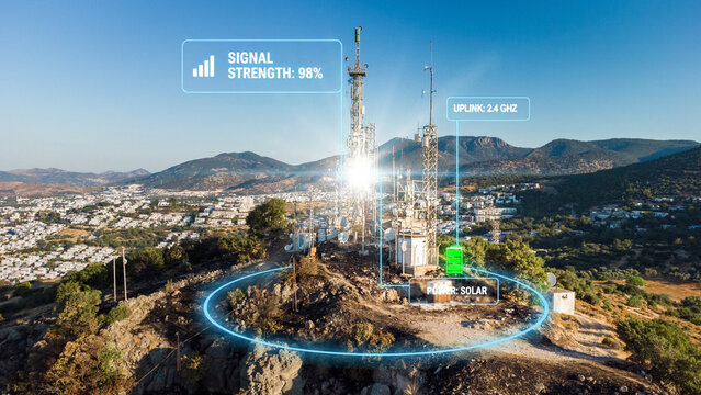 Aerial view of a futuristic 5G telecommunication tower on a mountain peak with digital data overlays, signal strength indicators, and solar power status.
