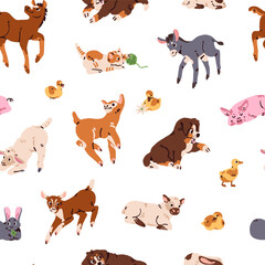 Repeatable pattern of baby animals. Endless background of farm livestock kids: lying little calves, playing goatlings and lambs, funny ducklings and cute piglets. Flat seamless vector illustration © Paper Trident