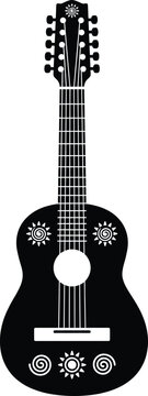 Detailed black and white acoustic stringed musical instrument silhouette featuring sun and spiral motifs for traditional cultural folk music and beautiful artwork.