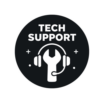 Flat vector badge TECH SUPPORT simple white wrench with headset