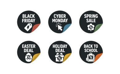 Obraz premium six separate flat vector sticker peel badges badge solid black circle sticker with peeled corner muted seasonal colors ( muted blue muted green muted muted orange) : BLACK FRIDAY tag