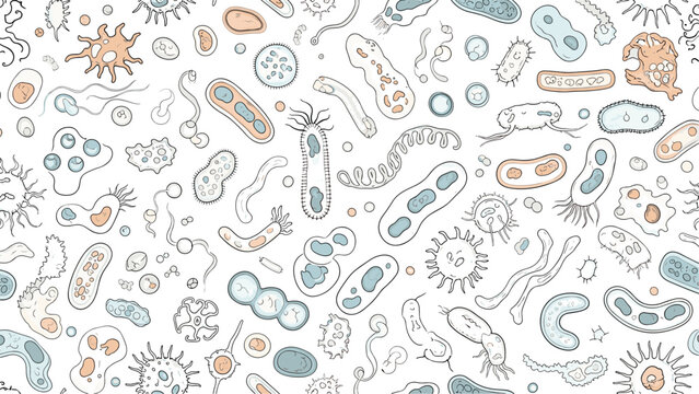 Colorful pattern of various microscopic organisms like bacteria viruses and cells in a hand drawn doodle style.