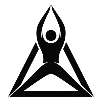Black silhouette graphic depicting a figure in a wide stance yoga pose inside a geometric triangle shape for wellness branding and spiritual balance.