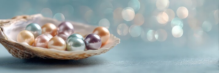 Open oyster shell holding many colorful pearls