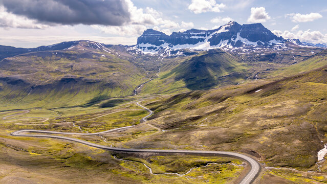 Aerial view of winding Road 953 through Mj�ifj�r�ur mountain pass in Iceland