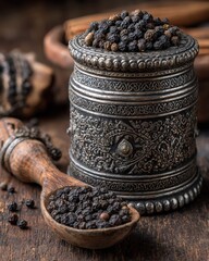 Black peppercorns filling ornate metal container with wooden spoon