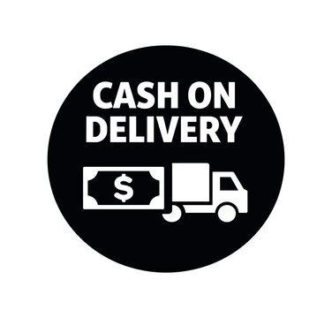 Flat vector badge CASH ON DELIVERY simple white banknote with truck