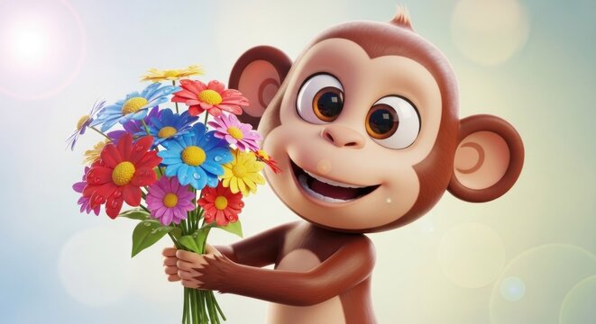 A cartoon monkey holding a bouquet of colorful flowers, smiling and looking happy, with a blurred background and soft lighting.