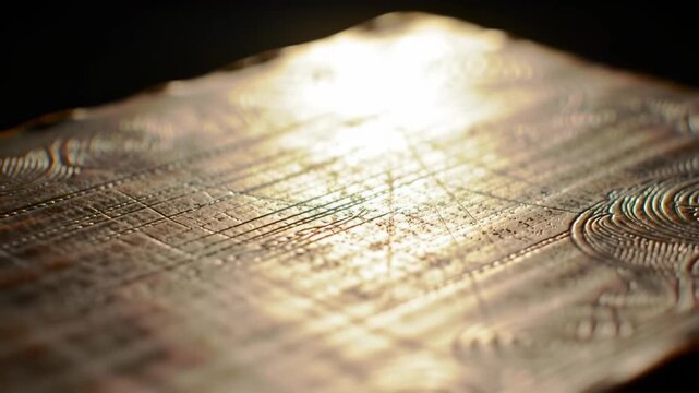 Ornate embossed metal surface with textured engraving under dramatic spotlight