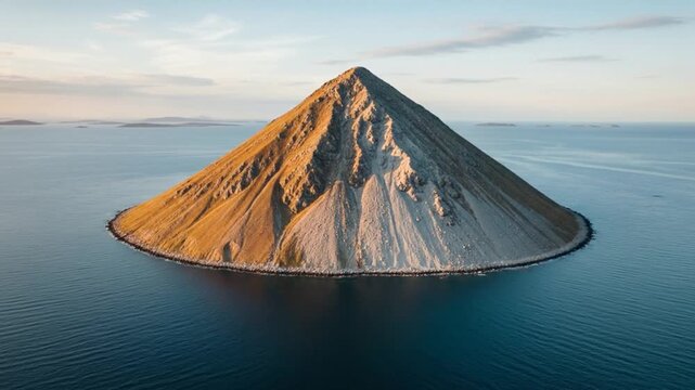 Dramatic conical mountain island in calm ocean during golden hour