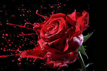 Red rose splashes. Red rose with red splashes on black background