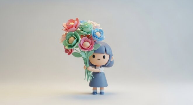 A cute, blue-haired girl holding a colorful bouquet of flowers in her hands, standing against a plain white background with a soft, diffused light source.