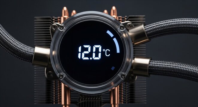 Close-up of an AIO liquid cooler pump block, circular LCD screen displaying temperature, braided tubes