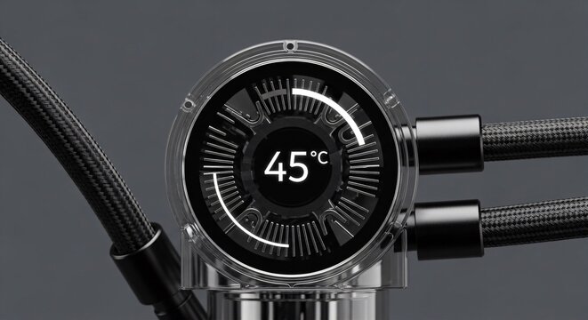 Close-up of an AIO liquid cooler pump block, circular LCD screen displaying temperature, braided tubes