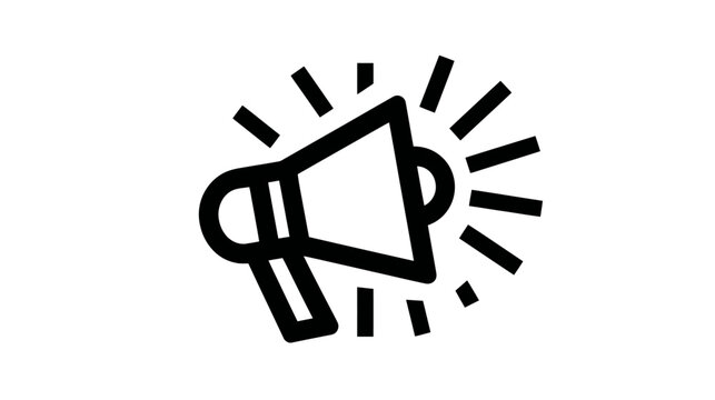 A bold, black outline illustration of a megaphone, radiating outwards with short, straight lines