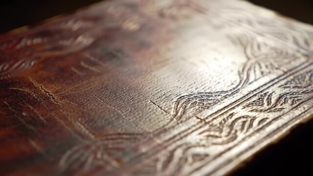 Aged leather surface with intricate embossed border detail