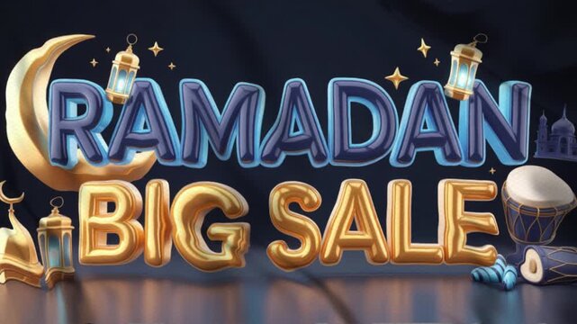 Animated video with the theme "RAMADAN BIG SALE," with a wavy flag style, suitable for campaigns. Motion graphics, 4K footage.