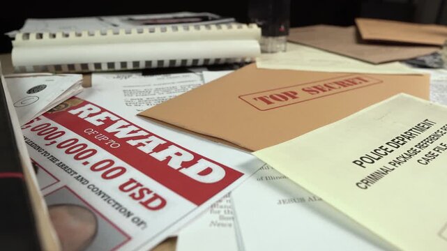 Detective Desk Full of Criminal Investigation Documents and Flies, Close Up