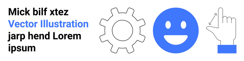 Fototapeta premium Technology, digital interaction, communication, usability, interface design, and teamwork. A gear, smile face and hand pointer symbols in minimal design. Technology and digital interaction concepts