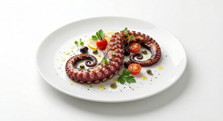 Gourmet Octopus Tentacle On White Plate With Tomatoes, Lemon, Herbs, And Olive Oil Garnish.