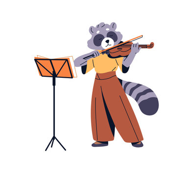 Anthropomorphic raccoon plays violin. Happy animal musician performs with fiddle. Talented racon practices with string instrument in art class. Flat isolated vector illustration on white background