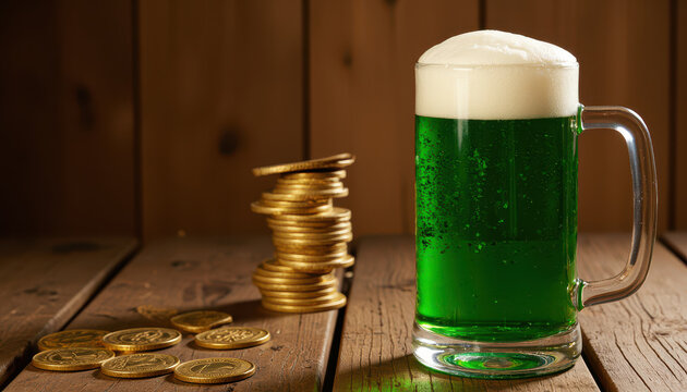 Green beer frothy mug golden coin wood table festive drink celebration holiday foam head pub refreshment Green beer frothy mug golden coin wood table festive drink celebration holiday foam head