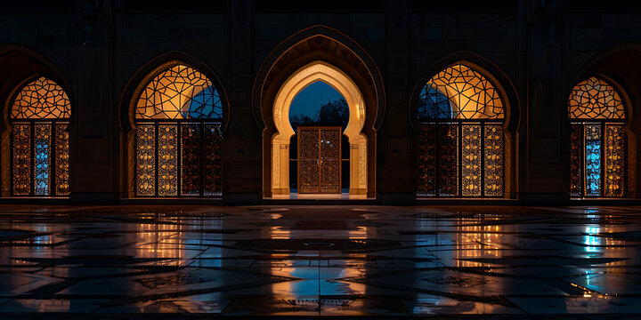 Elegant Ornate Arch with Glowing Windows and Reflection