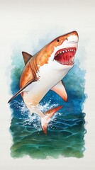 Shark powerful movement concept, A majestic shark leaps out of water, showcasing its impressive power.