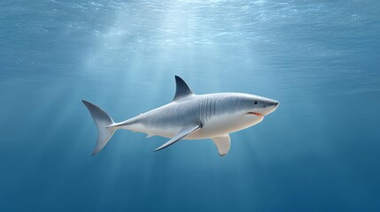 Shark powerful movement concept, A majestic shark swimming gracefully through clear blue waters.