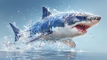 Shark powerful movement concept, A powerful shark breaks the surface of the ocean in dynamic motion.