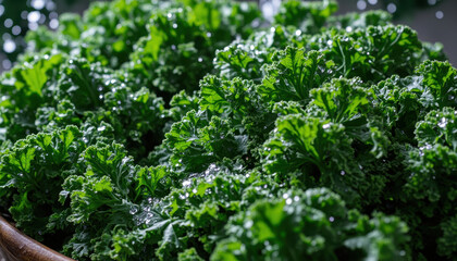 Fresh kale curly leaf green vegetable organic food garden harvest healthy eating vegan ingredient dew drops natural texture closeup detail Fresh kale curly leaf green vegetable organic food garden