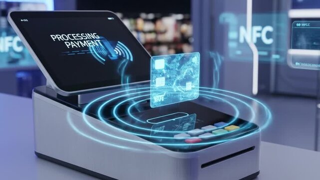 Holographic credit card processing payment on futuristic terminal screen