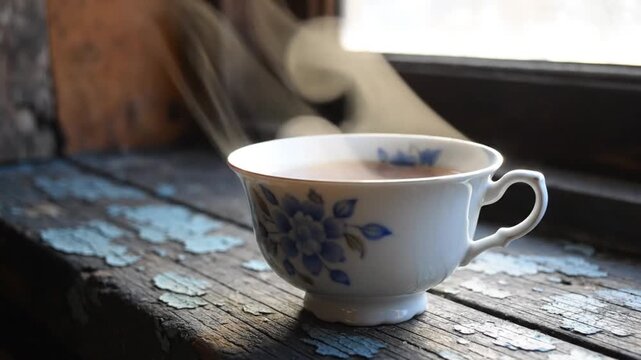A cup of tea on a worn wooden sill with soft morning light