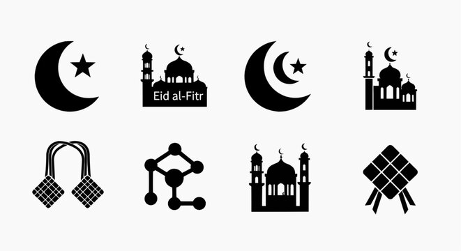 Monochrome Eid al-Fitr Silhouette Icon Set with Mosque, Crescent Moon and Ketupat Vector Collection