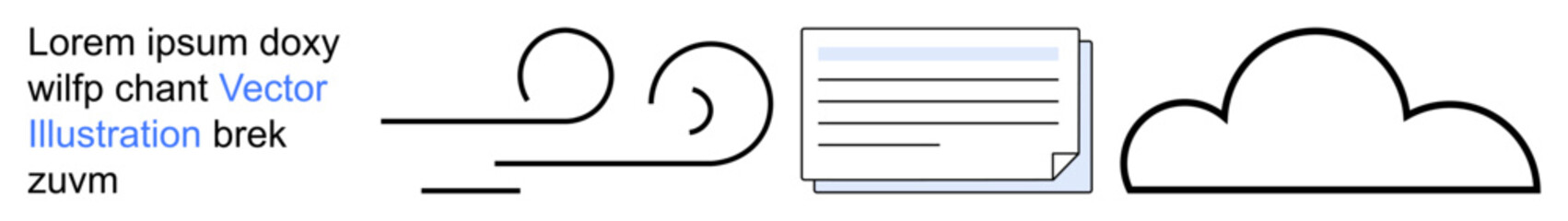 Data management, cloud storage, technology, communication, weather forecast, motion flow. Abstract icons showing wind, document and cloud graphics. Data management and cloud storage