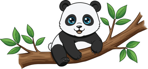 Cute baby panda sitting on tree branch, cartoon animal, adorable panda illustration, forest wildlife, children drawing, jungle theme design © Creative Rejia